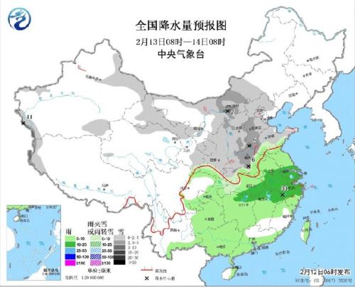 全国降水量预报图(2月13日08时-14日08时)